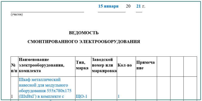 Перечень смонтированного оборудования образец